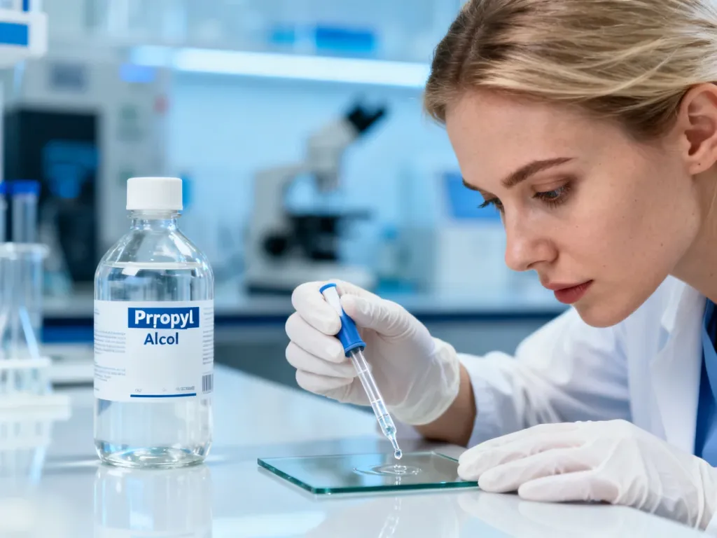Pracownik laboratorium w rękawiczkach ochronnych precyzyjnie dozuje alkohol izopropylowy na szklaną powierzchnię.