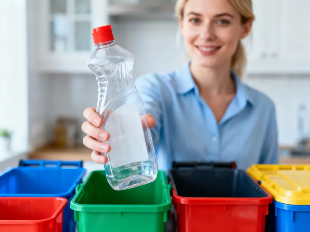 Kobieta trzymająca pustą plastikową butelkę po środku czyszczącym na tle kolorowych pojemników do segregacji odpadów.