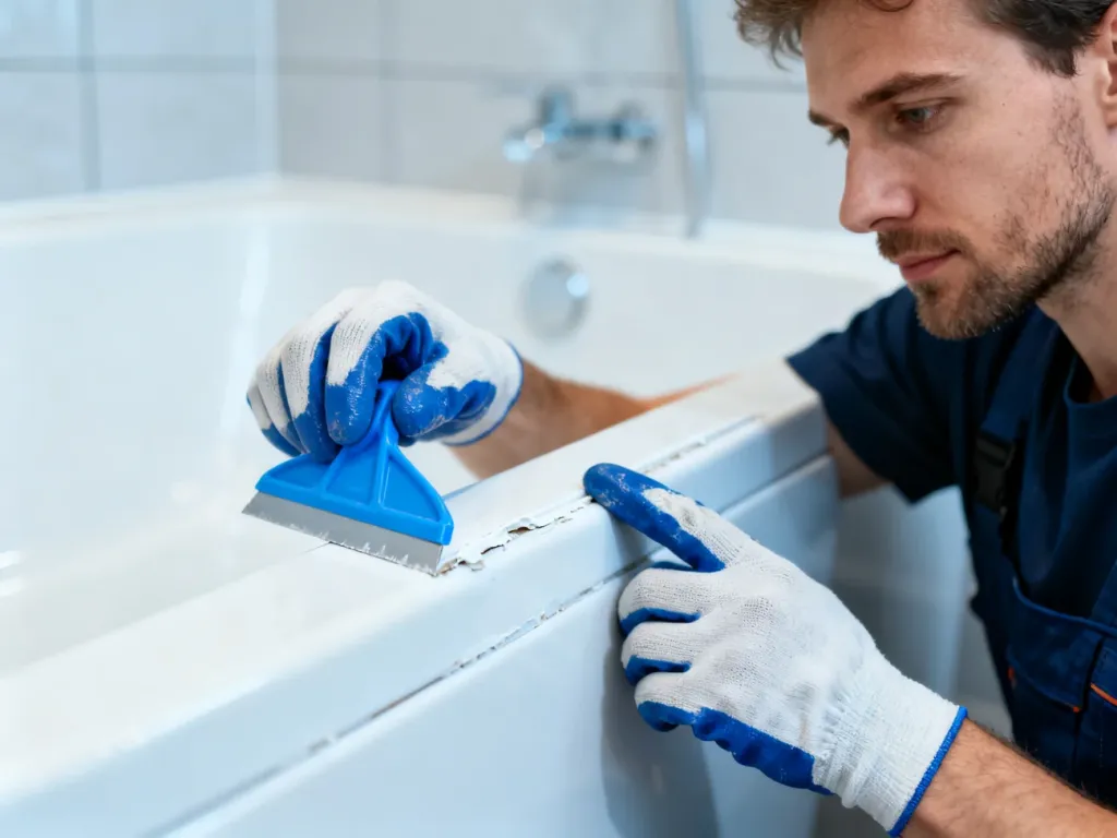 Mężczyzna w rękawicach roboczych usuwa stary silikon z krawędzi brodzika za pomocą plastikowego skrobaka.